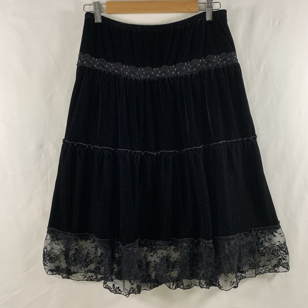 VTG Y2K Fairy Grunge Velvet Tiered Beaded Lace Midi Skirt Size XL Whimsigoth